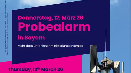 Plakat mit Infos zum Probealarm in Bayern am 12. März 2026
