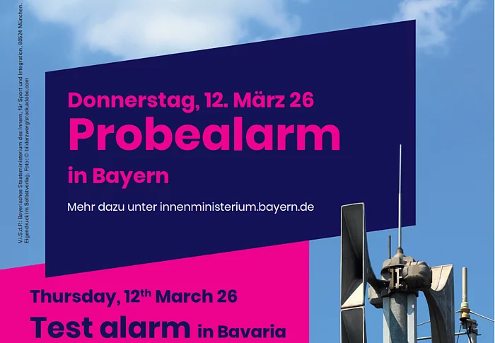 Plakat mit Infos zum Probealarm in Bayern am 12. März 2026