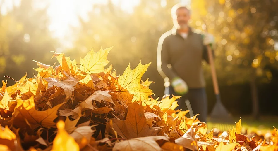 Herbstlaub im Vordergrund, im Hintergrund hat ein Mann einen Rechen in der Hand Herbstlaub im Vordergrund, im Hintergrund hat ein Mann einen Rechen in der Hand