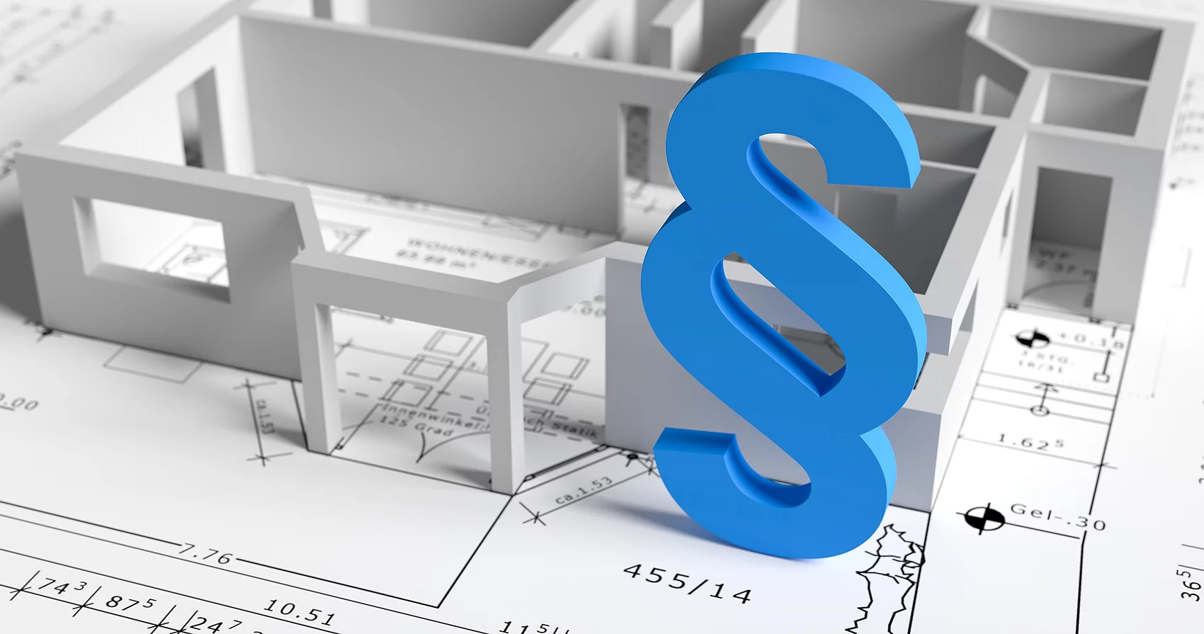 Symbolbild Grundriss, Plan und Paragraphenzeichen 