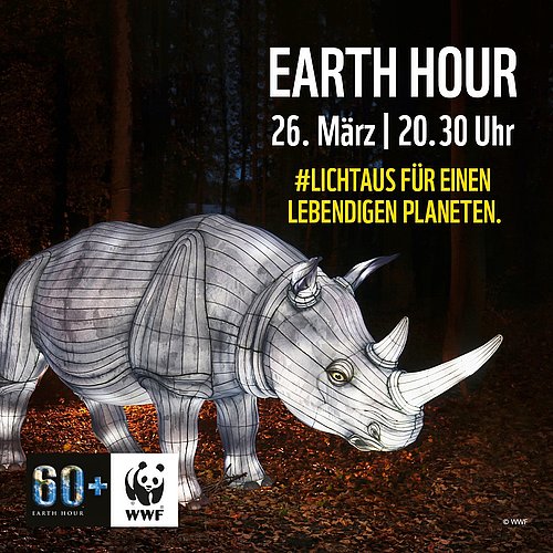 Plakat zur Aktion Earth Hour mit beleuchteter Nashorn Skulptur