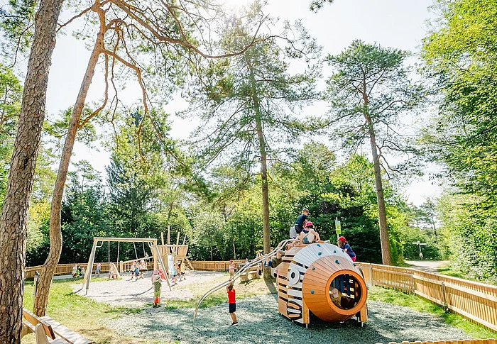 Spielplatz in Farchet mit Spielgeräten wie Piratenschiff, Spielfisch und Wippente